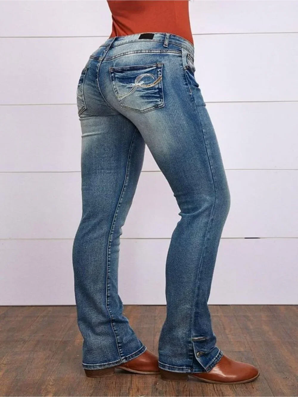 Women's Navy Blue Pull On Mid Rise Flare Leg Zipper Lifting Bootcut Jeans